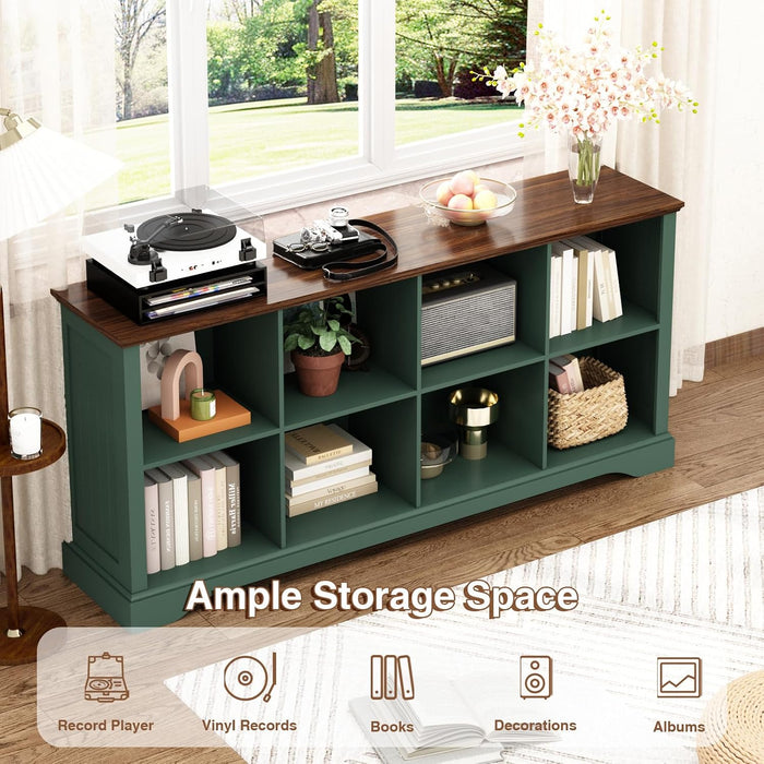 8 Cube Storage Organizer, 62" Long Low Horizontal Bookshelf, Green | 3 Tier Horizontal Bookcase, Wood Open Book Shelf, Farmhouse Cubby Storage, Wide Console Cabinet, Living Room, Entryway,Office