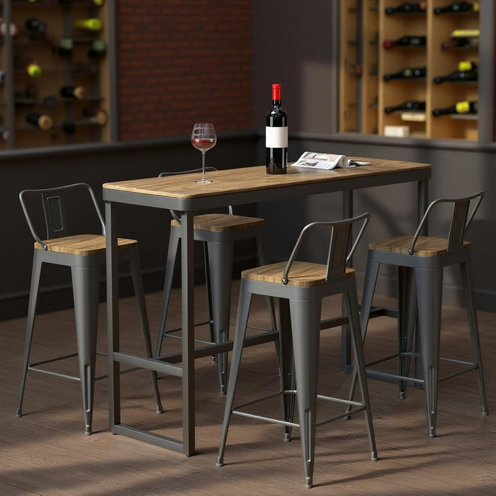 Swivel Bar Stools Set of 4, 24" Counter Height Barstools with Low Back, Industrial Metal Bar Stools with Large Wooden Seat for Kitchen Island (Matte-Black)