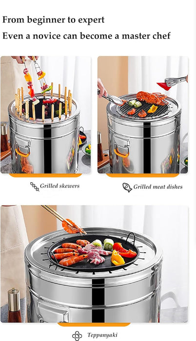 Stainless Steel Charcoal Smoker Grill,Portable Outdoor Smokers with Even Heat Distribution, with Heat-Resistant Handle, Small Charcoal Smoker for Grilling Meat Veggies(Double,Medium)