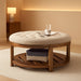 Large round Upholstered Tufted Linen Ottoman Coffee Table, Large Footrest Ottoman with Wood Shelf Storage-Iinen