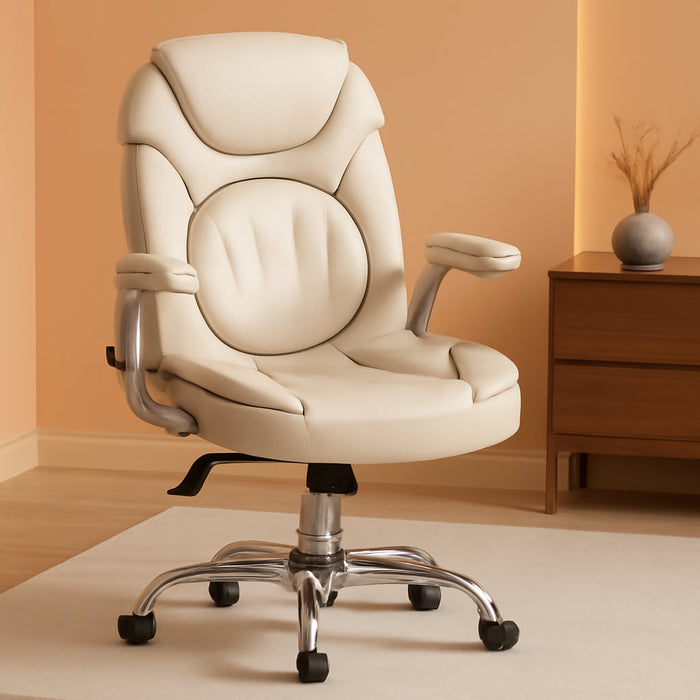 Modern Executive Office Chairs with Lumbar Support90-120 Degree Rocking Managerial Chairergonomic PU Leatherhomeofficedeskchairs with Wheels,Flip-Up Arms & Back Support(White)Medium(300Lbs)