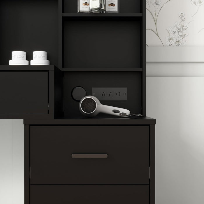 Large Vanity Desk Table Set with Mirror & Lights, Makeup Vanity with Power Outlet 5 Drawers & Storage Shelves 3 Lighting Modes Adjustable Dressing Table with Stool (Black)