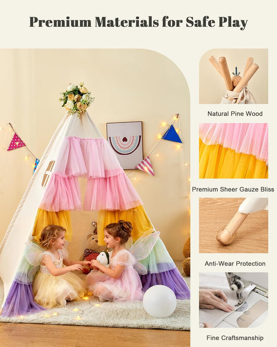 Teepee Tent for Kids, Toddler Teepee with Star Lights & Rainbow Tulle, Girls Princess Play Tent, Foldable Kids Teepee Tent for inside Playhouse Kid Toy Gift