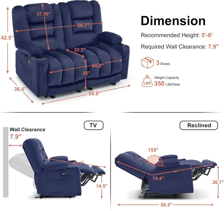 55.9" Zero Gravity Power Loveseat Recliner with Heat and Vibration Massage, Reclining Loveseat Sofa with USB Ports, Cup Holders for Living Room, Fabric PR648SET (Navy Blue)