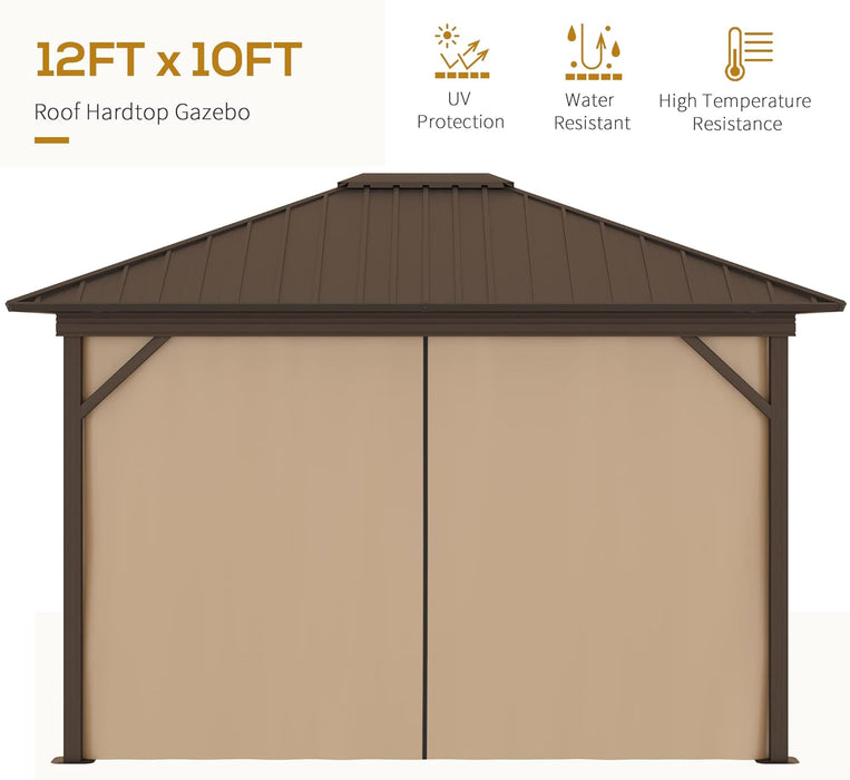 10' X 12' Hardtop Gazebo Canopy with Galvanized Steel Roof, Aluminum Frame, Permanent Pavilion with Top Hook, Netting and Curtains for Patio, Garden, Backyard, Deck, Lawn, Brown