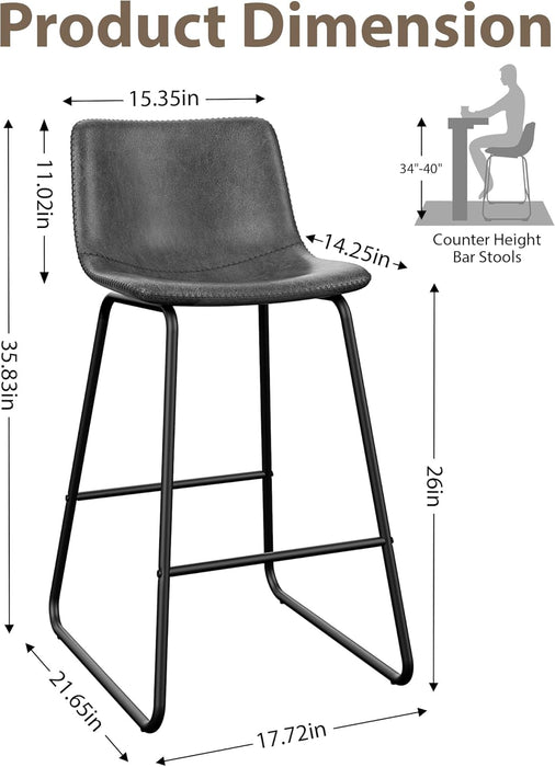 Bar Stools Set of 3, 26 Inches Counter Height Bar Stools with Back, Modern Faux Leather Barstools with Metal Legs and Footrest, Bar Chairs for Kitchens Island (Gray)