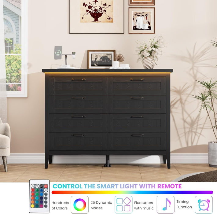 Black Dresser for Bedroom, 8 Drawer Dresser with LED Lights and Power Outlet, Closet Dressers Chests of Drawers, Double Wooden Dressers for Entryway, Hallway