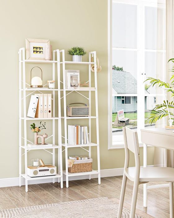 White Freestanding Industrial Ladder Shelf With Hooks