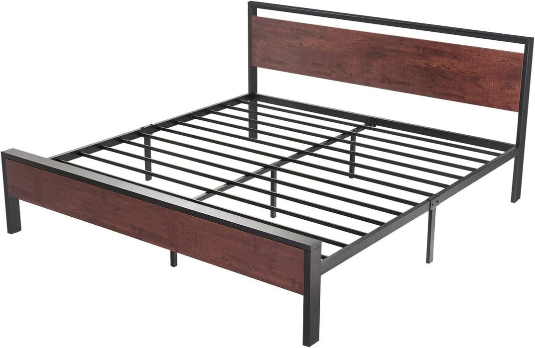 14 Inch King Size Metal Platform Bed Frame with Wooden Headboard and Footboard, Mattress Foundation, No Box Spring Needed, Large under Bed Storage, Mahogany
