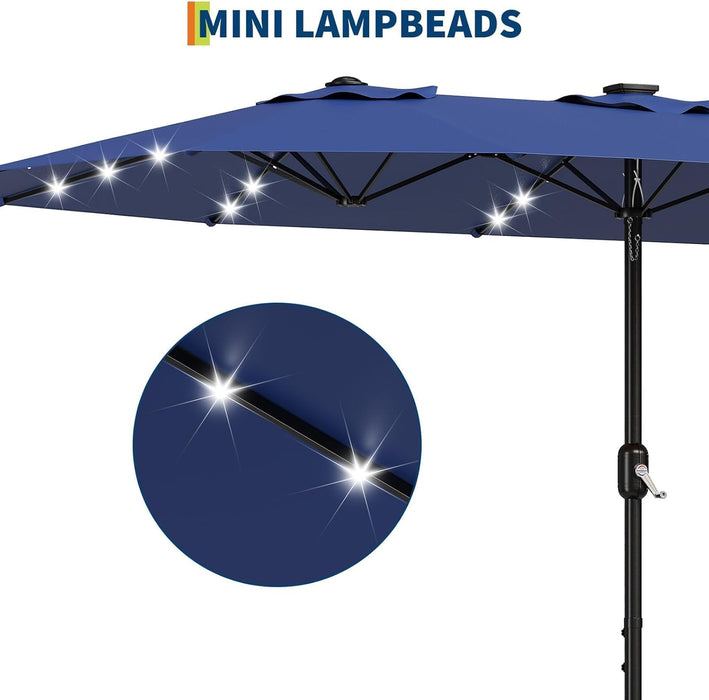 15FT Outdoor Patio Umbrella,Double-Sided Rectangle Market Umbrella with 36 LED Solar Lights & Base,Uv50+ Weather-Resistant Oversized Outdoor Umbrella,Crank Lift,3-Way Shade for Pool,Garden,Backyard