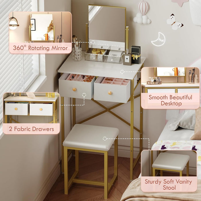 Small Makeup Vanity Desk with Mirror & Chair, Mini Vanity Desk Table Set with Fabric Storage Drawer, 19.7" Compact Vanity Desk for Girls, Dressing Table with Chair for Bedroom, White Golden