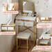 Small Makeup Vanity Desk with Mirror & Chair, Mini Vanity Desk Table Set with Fabric Storage Drawer, 19.7" Compact Vanity Desk for Girls, Dressing Table with Chair for Bedroom, White Golden