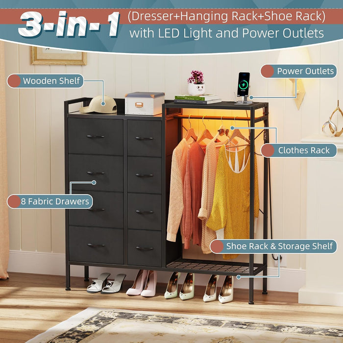 8-Drawer Dresser with Hanging Rack for Bedroom, Black, 11.8" D