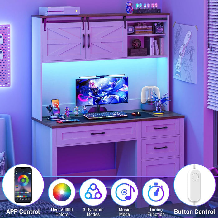 Farmhouse 67" H Executive Desk with Hutch,Computer Desk with Charging Station,Office Table with LED Light and 4 Drawers,File Drawers and Storage Cabinet,Workstation for Home Office.Unique White