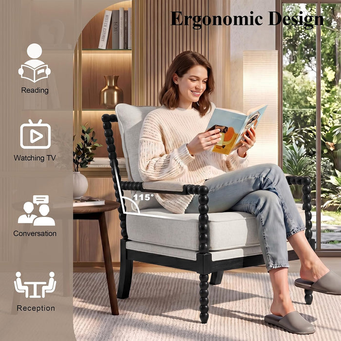 Linen Fabric Spindle Accent Chair with Wood Frame,
