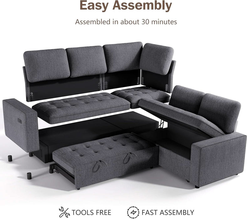 85 Inch Modular Sectional Sofa with Pull Out Bed, Chenille L Shaped Sectional Sofa with USB Ports/Reclining Backrest/Storage Seats, Tool-Free Assembly, Sofa Couch for Living Room Dark Grey