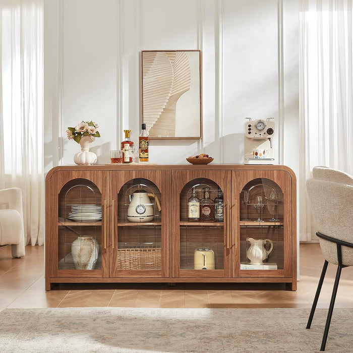65" Sideboard Buffet Cabinet with Arched Glass Doors, Brown | Modern Wood Sideboard, Spacious Storage Credenza, Adjustable Shelves, Living Room Accent Cabinet, Dining Room & Entryway Use