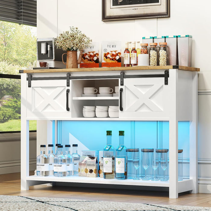 Farmhouse Entryway Table with LED Light, Sofa Table with Sliding Barn Door, Adjustable Open Shelves, 46" Rustic Console Table with Storage, Antique White Hallway for Living Room Bedroom