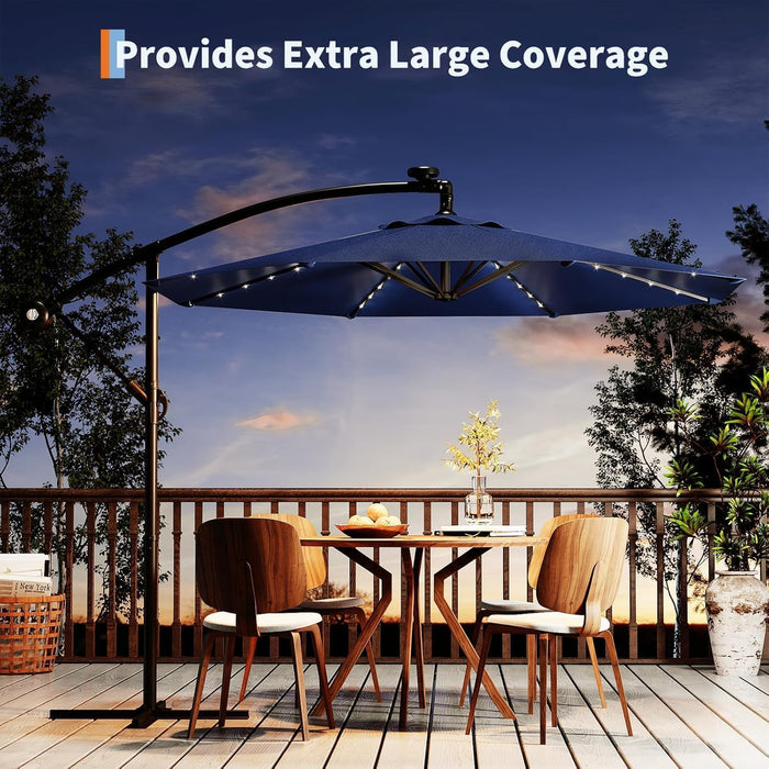 10FT Solar Lights Offset Patio Umbrella with Cross Base, Cantilever Umbrella with Easy Lift & Tilt Adjustment, 8 Ribs Sun Umbrella UV Protection for Backyard, Pool, Garden