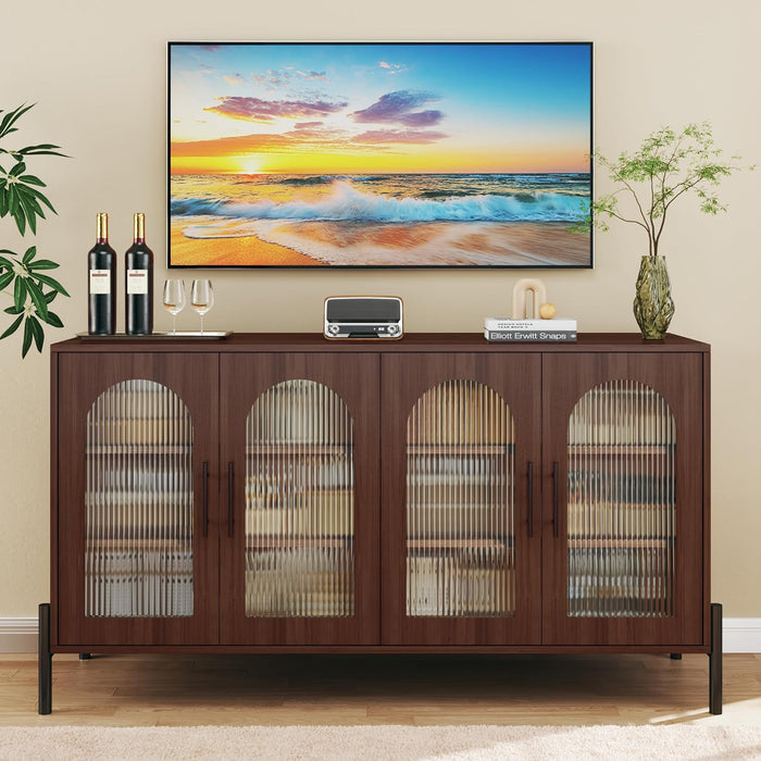 Sideboard Buffet Cabinet with Storage, 55" Modern Sideboard Cabinet with 4 Fluted Arcylic Doors & Adjustable Shelves, Wood Buffet Console Table for Living Room, Kitchen, Dark Walnut