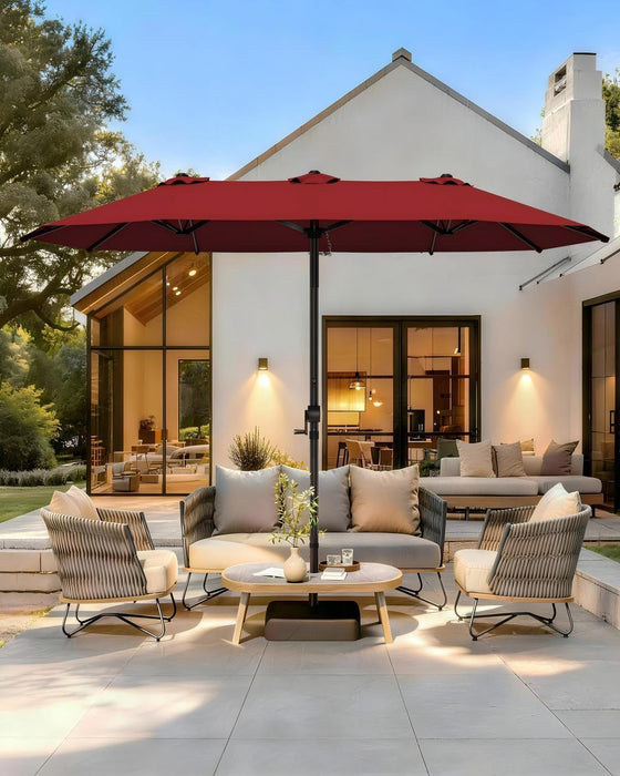 15FT Large Patio Umbrella with Base Included, Outdoor Deck Standing Umbrella with Crank Handle, Double-Side Rectangular Pool Umbrella for Outside, Market, Patio, Burgundy