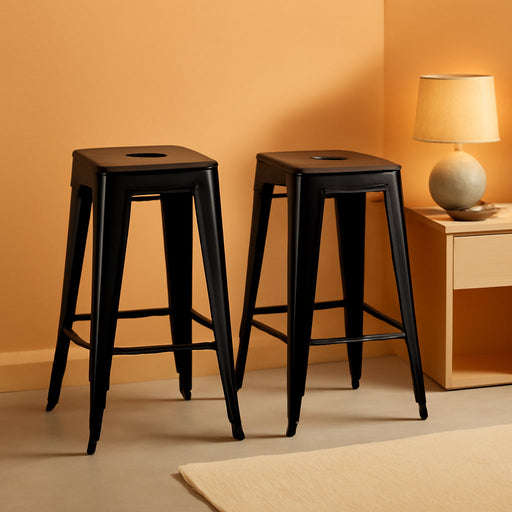 24" Bar Stools Black Backless Metal Barstools Indoor - Outdoor Counter Height Stools with Square Seat, Set of 2 - VF1571001 - ShipItFurniture