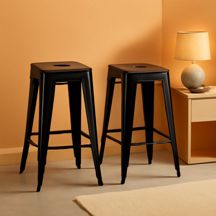 24" Bar Stools Black Backless Metal Barstools Indoor - Outdoor Counter Height Stools with Square Seat, Set of 2 - VF1571001 - ShipItFurniture