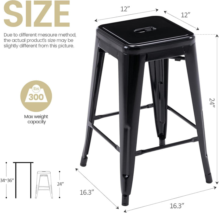 24" Bar Stools Black Backless Metal Barstools Indoor - Outdoor Counter Height Stools with Square Seat, Set of 2 - VF1571001 - ShipItFurniture