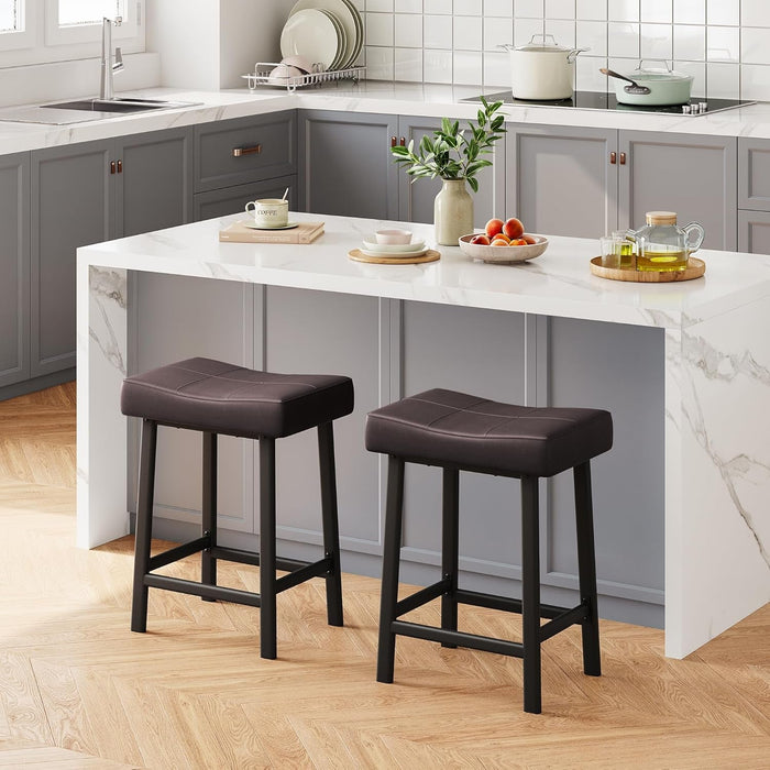 24 Inch Backless Saddle Barstools Set of 2, Counter Height Upholstered Padded Barstools with Curved Surface, Metal Leg and Footrest, for Kitchen Counter, Home Bar (Brown, 24 Inch - Set of 2) - ShipItFurniture