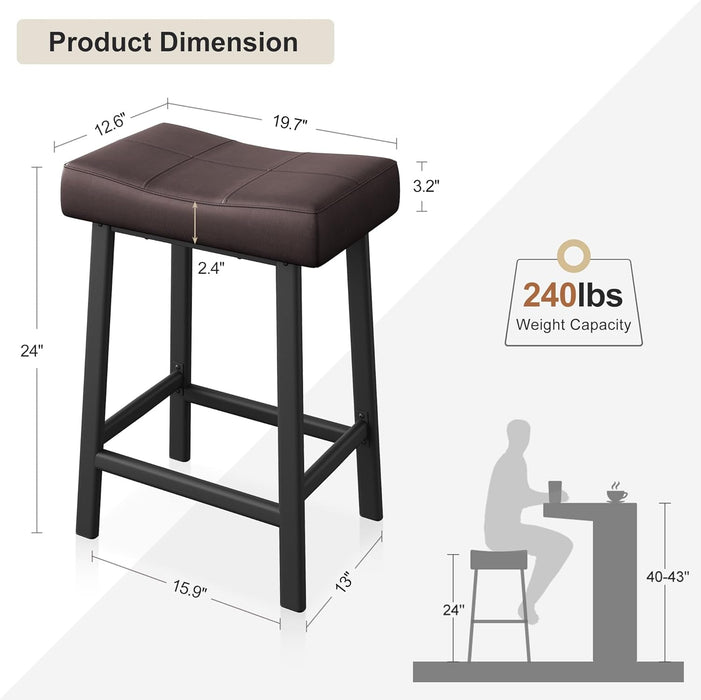 24 Inch Backless Saddle Barstools Set of 2, Counter Height Upholstered Padded Barstools with Curved Surface, Metal Leg and Footrest, for Kitchen Counter, Home Bar (Brown, 24 Inch - Set of 2) - ShipItFurniture