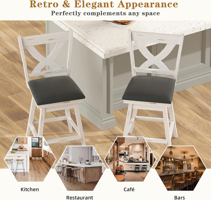 24" Swivel Counter Height Stools, High Back Swivel Bar Stools with Grey Faux Leather Upholstered Seat & Solid Wood Footrest, Counter Bar Chairs for Kitchen Island & Pub (Antique White, Set of 2) - ShipItFurniture