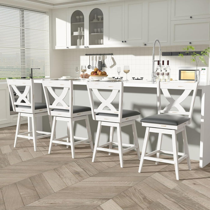 24" Swivel Counter Height Stools, High Back Swivel Bar Stools with Grey Faux Leather Upholstered Seat & Solid Wood Footrest, Counter Bar Chairs for Kitchen Island & Pub (Antique White, Set of 2) - ShipItFurniture