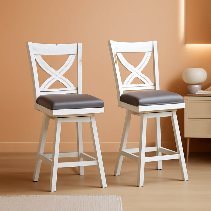24" Swivel Counter Height Stools, High Back Swivel Bar Stools with Grey Faux Leather Upholstered Seat & Solid Wood Footrest, Counter Bar Chairs for Kitchen Island & Pub (Antique White, Set of 2) - ShipItFurniture