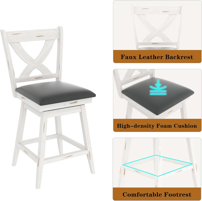 24" Swivel Counter Height Stools, High Back Swivel Bar Stools with Grey Faux Leather Upholstered Seat & Solid Wood Footrest, Counter Bar Chairs for Kitchen Island & Pub (Antique White, Set of 2) - ShipItFurniture