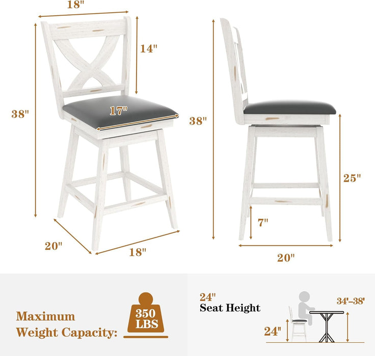 24" Swivel Counter Height Stools, High Back Swivel Bar Stools with Grey Faux Leather Upholstered Seat & Solid Wood Footrest, Counter Bar Chairs for Kitchen Island & Pub (Antique White, Set of 2) - ShipItFurniture