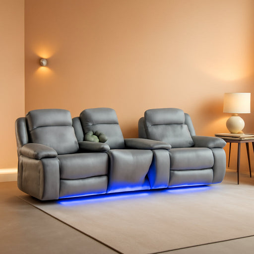 Power Leather Recliner Sofa Sets, 2 Pieces Living Room Furniture Sets with LED Lights, Grey Reclining Sofa Sets with USB Port for House/Office/Rv(A-Grey, Sofa+Loveseat)