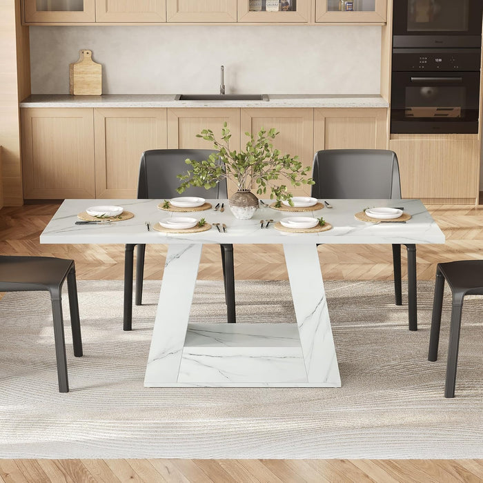 Dining Table for 4-6 People, 63 Inches Dining Room Table with Wooden Triangle Pedestal Base, White Faux Marble Rectangle Dinner Kitchen Table for Dining Room, Kitchen, Living Room