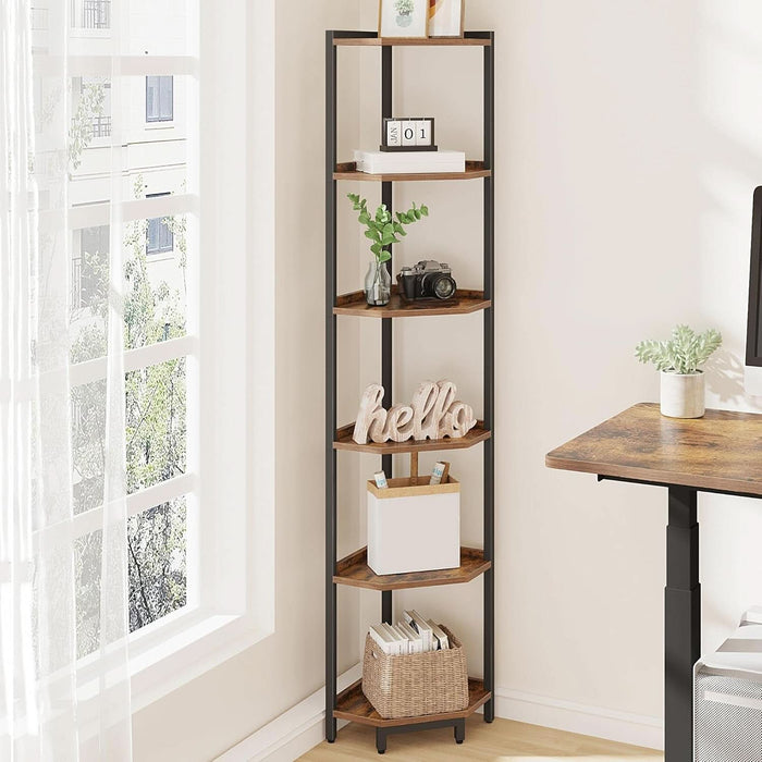 Corner Shelf Stand, Corner Bookshelf, Storage Standing Shelf Unit with Metal Frame, Plant Stand, Corner Bookcase for Living Room, Home Office, Bedroom, 6-Tier Rustic Brown CS06001B