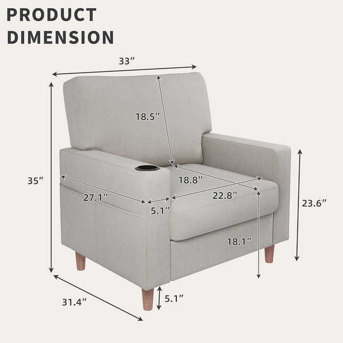 Oversized Mid Century Armchair Cupholder Beige Upholstered