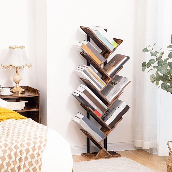 Tree Bookshelf, 9-Tier Bookcase Wooden Shelves, Floor Standing Storage Rack, for Display of Cds, Books in Living Room, Home Office, Wood Storage Rack for Bedroom, Rustic Brown BF08SJ01G1