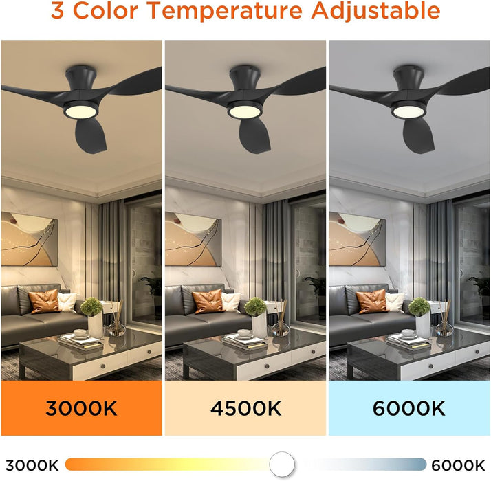 52 Inch Ceiling Fan with Led Light Remote Control Flush Mount Low Profile for Bedroom Farmhouse Patio Outdoor Living Room Kitchen Dining Room,Dc Motor,Reversible,Black