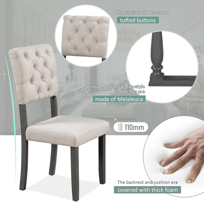 6 Piece Kitchen Dining Table Set, Wooden Rectangular Dining Table with Upholstered Bench and 4 Chairs, Dining Room Table Set for 6 People, Living Room Furniture (Gray, Beige Cushions)