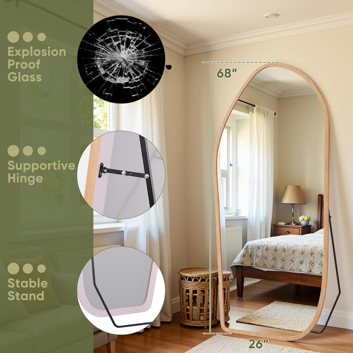 Full Length Mirror, Oversized Floor Mirror with Solid Wood Frame, Large Standing Mirror for Bedroom Living Room, Wood Art Style, Light Walnut, 74" L X 32" W