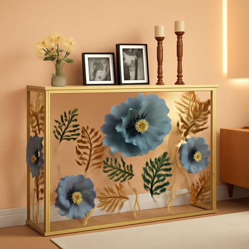 Console Table, Vintage Art Sofa Table with Metal Flower Decor, Narrow Entryway Tables with Glass Mirror Tabletop behind Sofa, Narrow Accent Table for Entryway Living Room Hallway Bedroom