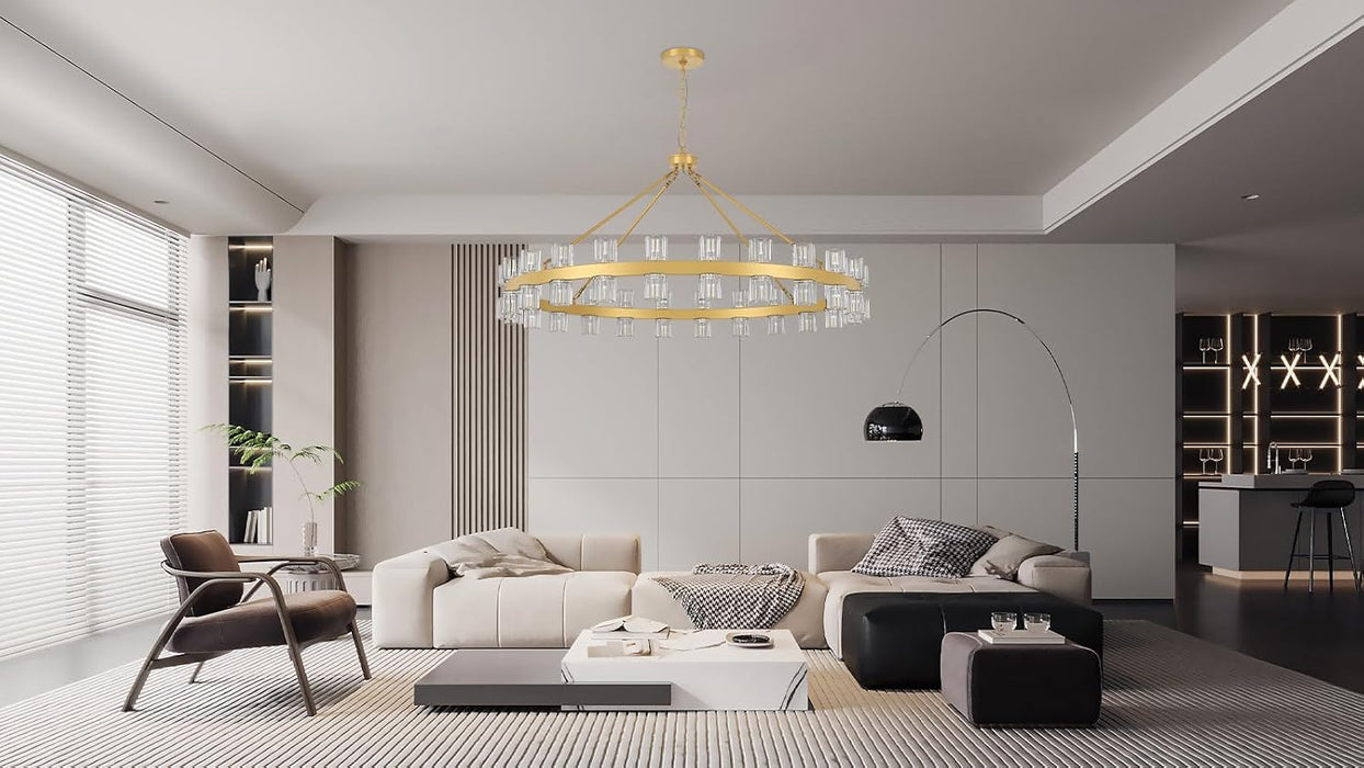 48 Inch Gold Wagon Wheel Chandelier with Crystal Shade, 48 Lights, Modern Farmhouse Style, Ideal for Dining Room, Kitchen, Entryways