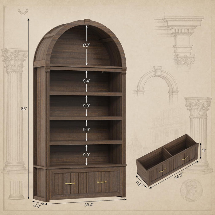 83"X39" Tall Arched Cabinets,Bookcase with Storage,5-Tier Bookshelf | Walnut Large Bookcase, Wood Mid-Century Modern, Widened Adjustable Shelves Offering More Storage for Living Room, Home Office