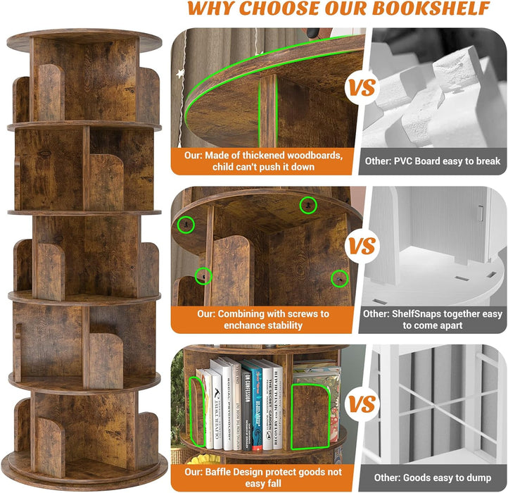 Rotating Bookshelf, 360 Display Wood Spinning Bookshelf Tower, 5 Tier Floor Standing Bookcase Storage Rack, Revolving Bookcase Corner Bookshelfs for Small Space, Study, Bed Room, Rustic Brown
