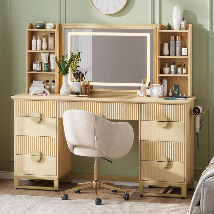 Fluted Vanity Desk, 60" Makeup Vanity with 32" Mirror and Lights, Modern Glass Top Vanity Table with 9 Drawers & 8 Open Shelves, Dressing Table Set W/Charging Station for Bedroom,Oak