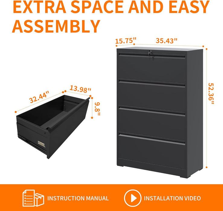 File Cabinets 4 Drawer,Metal Office Storage Filing Cabinet with Lock,Black Lateral Filing Cabinet for Home Office,Horizontal Locking File Cabinet for Legal/Letter/A4,Assembly Require,Black