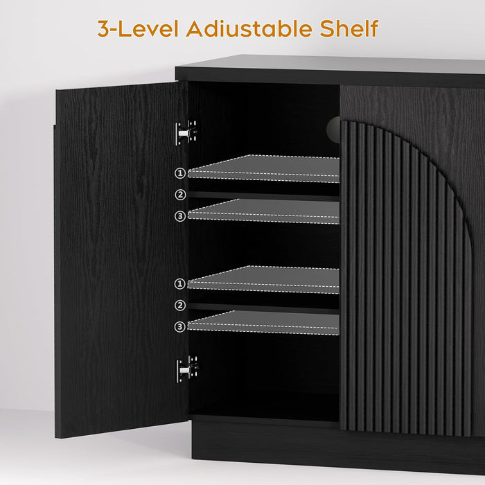 55" Fluted Sideboard Buffet Cabinet with Storage, Wood Mid Century Modern Credenza Cabinet W/Arched Reeded Doors & Adjustable Shelves for Kitchen, Living Room, Entryway, Black